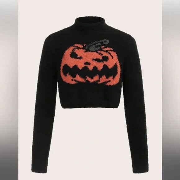 NWT Fuzzy Halloween Pumpkin Mock Neck Crop Sweater Size Large - Picture 2 of 5